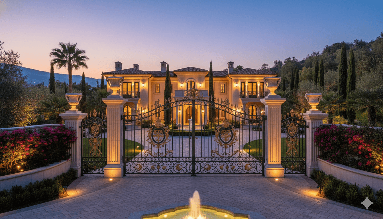 Luxury villa entrance with automatic gate